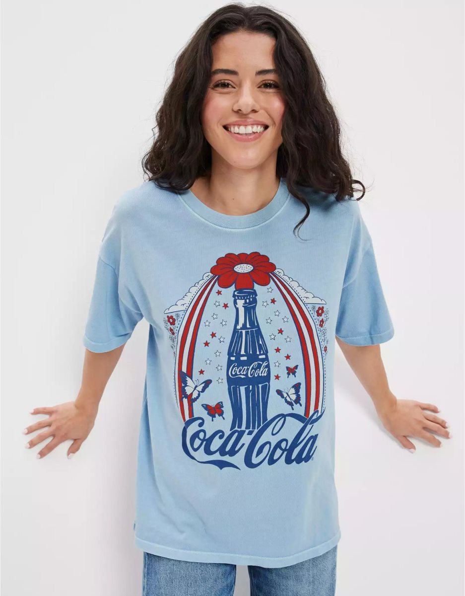 T Shirts American Eagle AE Oversized Americana Coca Cola Graphique Tee Bleu Clair Femme | JKM-00108773